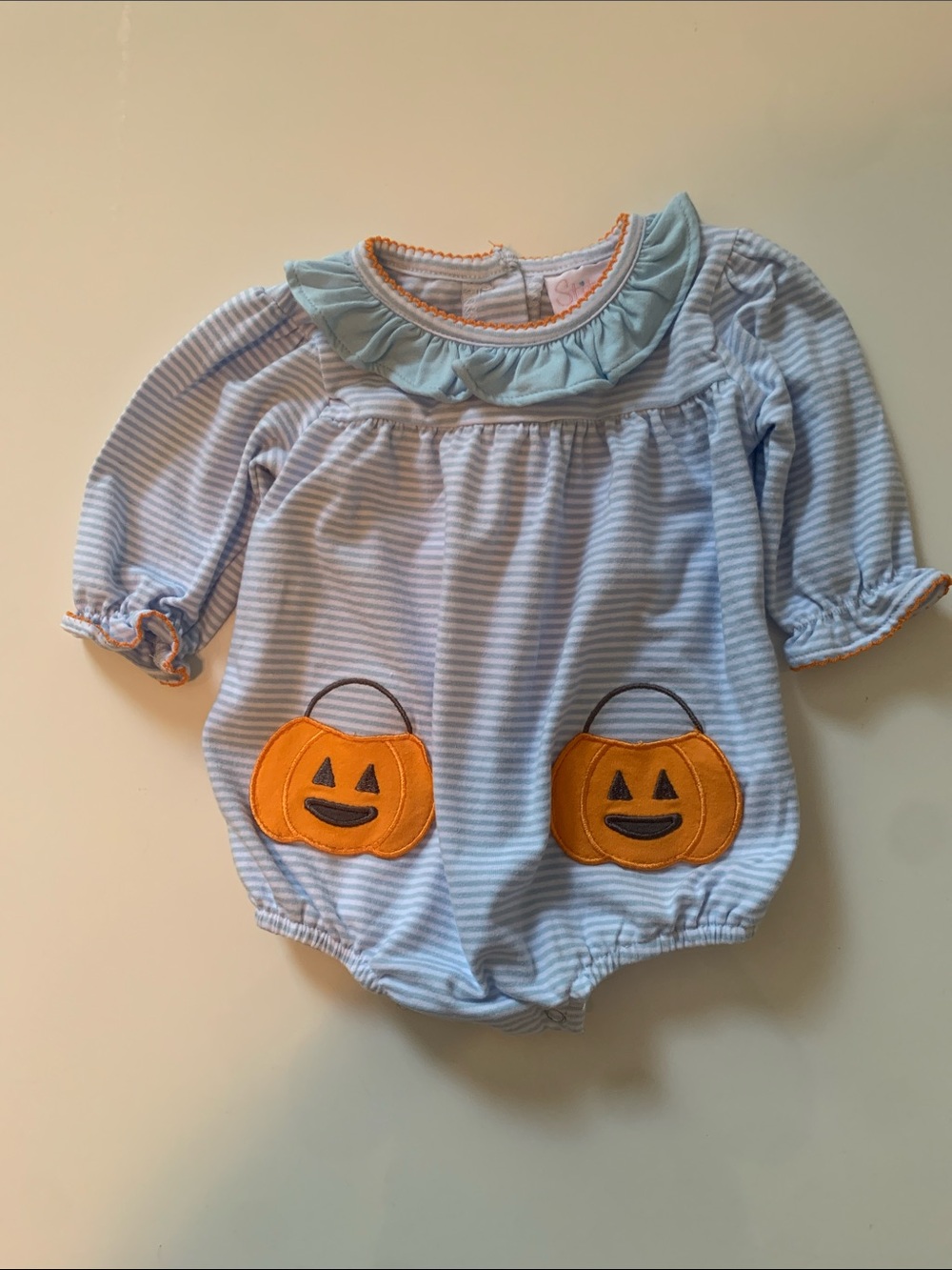 Stitchy Fish Light Blue/White Striped Baby Pumpkin Romper Size 3M